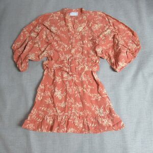 ASOS Design Dress Women 6 Coral Floral Puff Sleeve Button Ruffle Hem Cottagecore